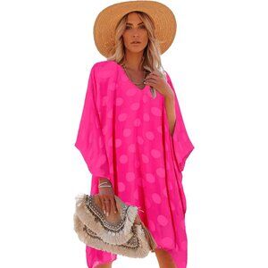 Women's Rose Red 100% Viscose Kaftan for Bathing Swimsuit Floral Pattern Dress
